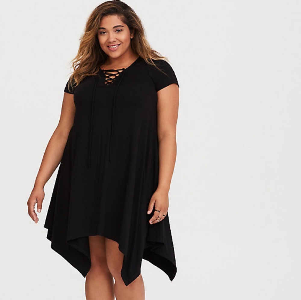 Lace Up Black Jersey Swing Dress